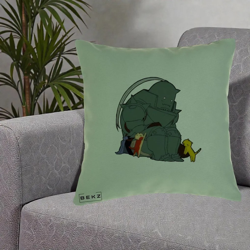 Perna Personalizata Fullmetal Alchemist Alphonse cu Pisici, 40x40 cm, Verde, Husa Detasabila, Perna Inclusa, BEKZ®