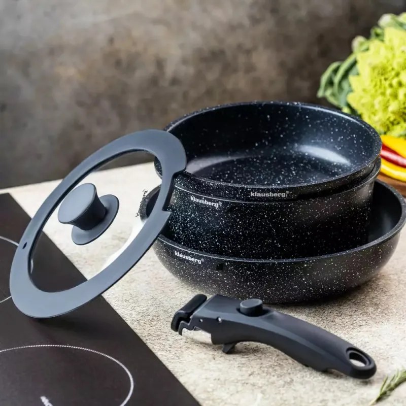 Set cratita si tigai Klausberg KB 7858, 5 piese, Capac din sticla, Maner universal, Finisaj marmura, Inductie, Negru