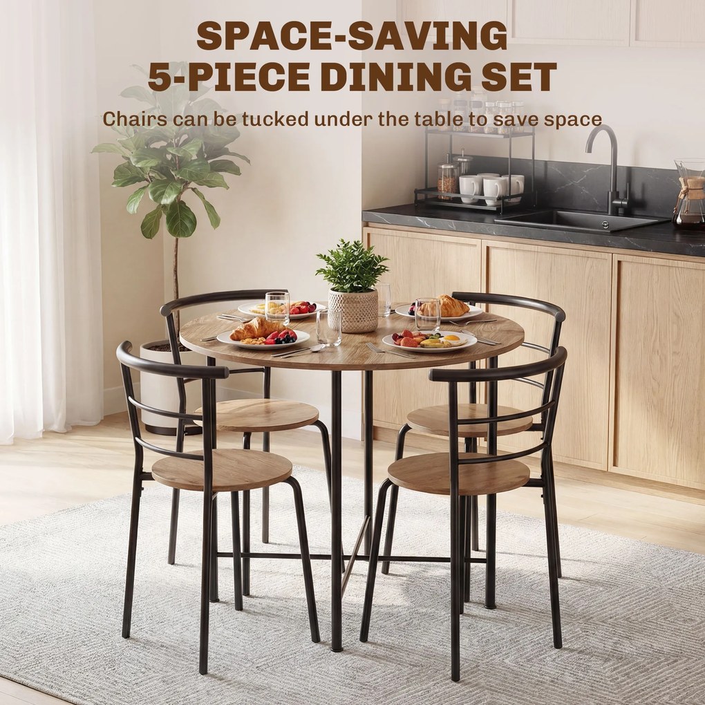 HOMCOM Set Masă Rotundă de Dining cu 4 Scaune Economisitor de Spațiu în Lemn și Metal Stil Industrial | Aosom Romania