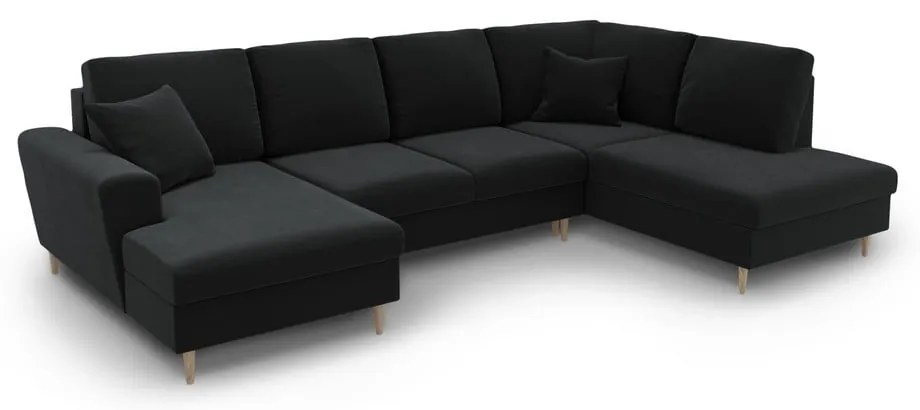 Colțar negru extensibil, cu spațiu de depozitare cu tapițerie din catifea (cu colț pe partea dreaptă-în formă de "U") Kyoto – Cosmopolitan Design