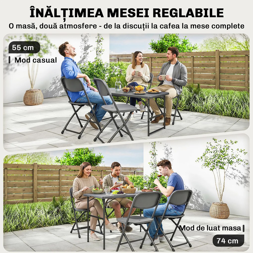 Outsunny Set Masă și Scaune Pliabile de Grădină, 5 Piese, Masă Reglabilă cu Blat HDPE Efect Lemn și 4 Scaune, Set Mobilier Exterior pentru Terasă și Balcon, Gri Închis | Aosom Romania