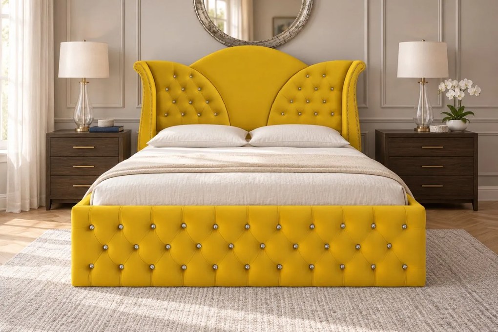 Pat tapițat Chesterfield din catifea Velora Cristal 140×200 cm, galben muștar, cu ladă de depozitare
