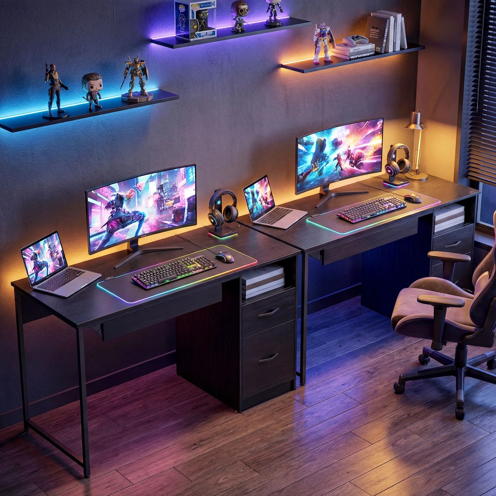 HOMCOM Birou Gaming Industrial, 120x52,3cm Stație Gaming cu Suport Tastatură, Compartiment Deschis și Sertare pentru Documente Format A4 Letter Legal, Masă Computer pentru Birou Acasă, Negru | Aosom Romania