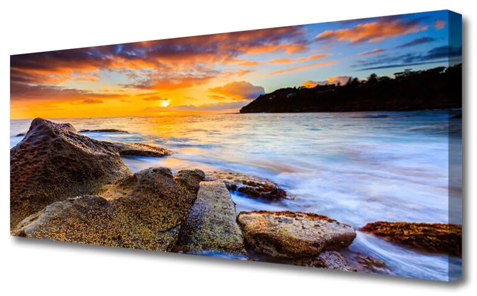 Tablou pe panza canvas Pietre Sea Sun Peisaj Galben Alb Gri Verde