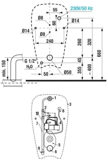 Pisoar cu senzor JIKA H8430700004901 GOLEM 230V admisie interioară, evacuare posterioară