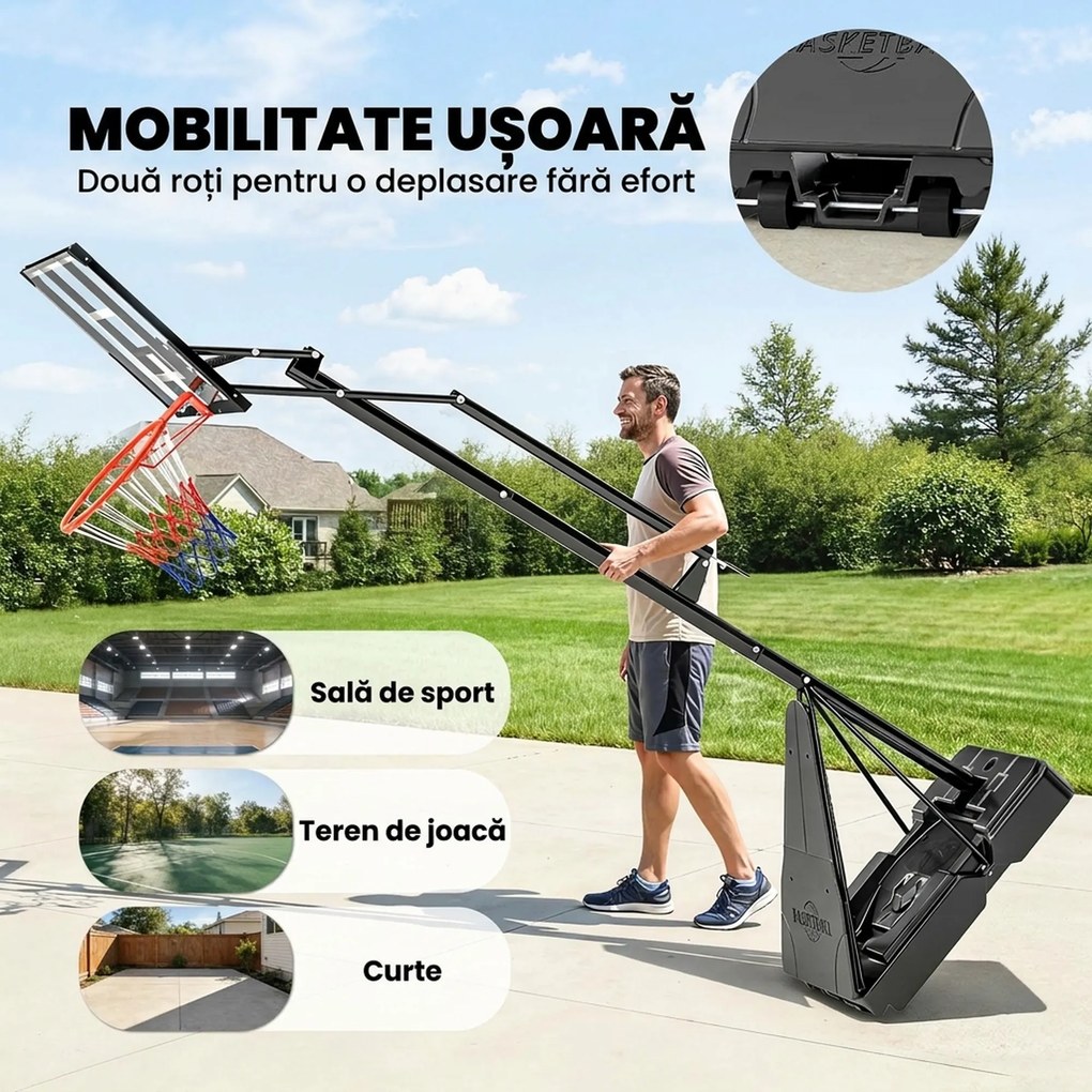 SPORTNOW Coș de Baschet Portabil pentru Exterior, Reglabil 2,45-3,05 m, Panou Rezistent la Șocuri, Reglare cu Manivelă | Aosom Romania