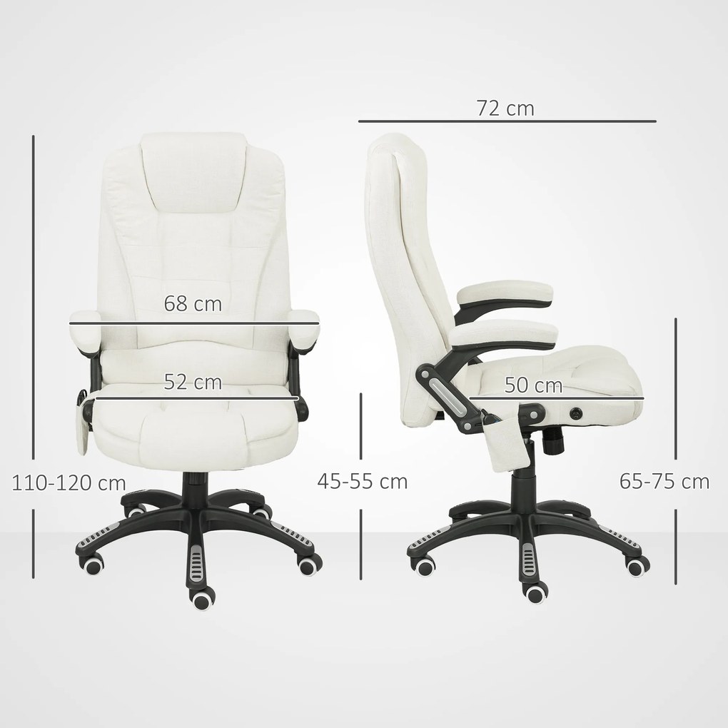 Vinsetto Scaun de Birou Reclinabil cu Masaj, Înălțime Reglabilă, Telecomandă, Textil cu Aspect de In, Crem | Aosom Romania