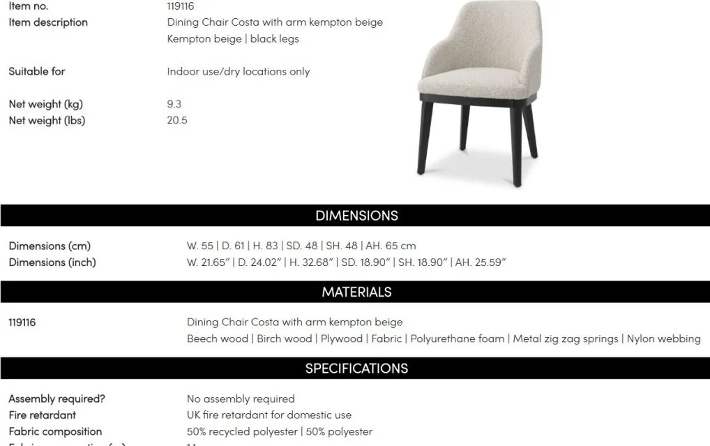 Scaun elegant design LUX Costa, Kempton beige