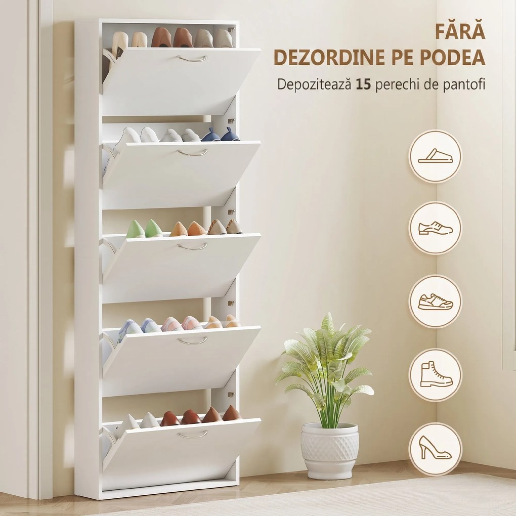 HOMCOM Dulap pentru Pantofi Subțire cu 5 Uși 65x17x180,5 cm în Lemn Alb | Aosom Romania