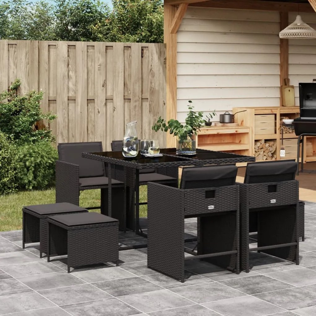 vidaXL Set mobilier de grădină cu perne, 9 piese, negru, poliratan