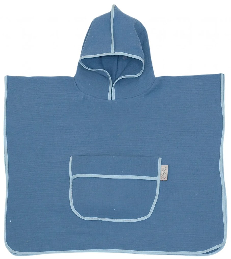 Prosop din bumbac muselina cu gluga si buzunar pentru bebelusi si copii, Poncho, Blue, 60x65 cm