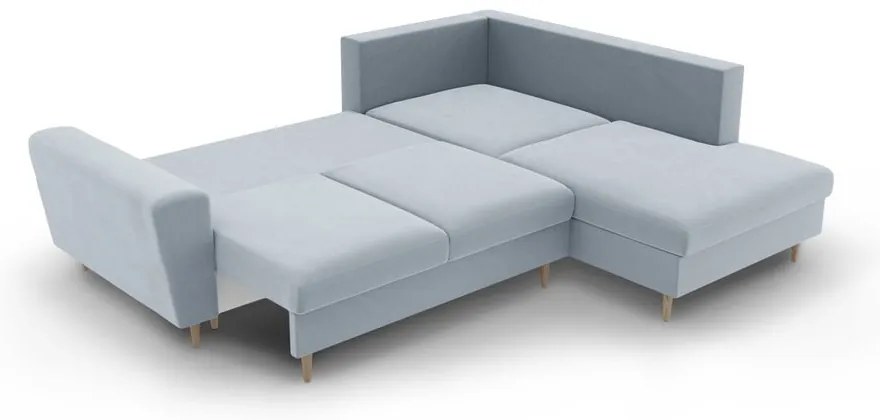 Colțar albastru deschis extensibil, cu spațiu de depozitare cu tapițerie din catifea (cu colț pe partea dreaptă-în formă de ”L”) Kyoto – Cosmopolitan Design