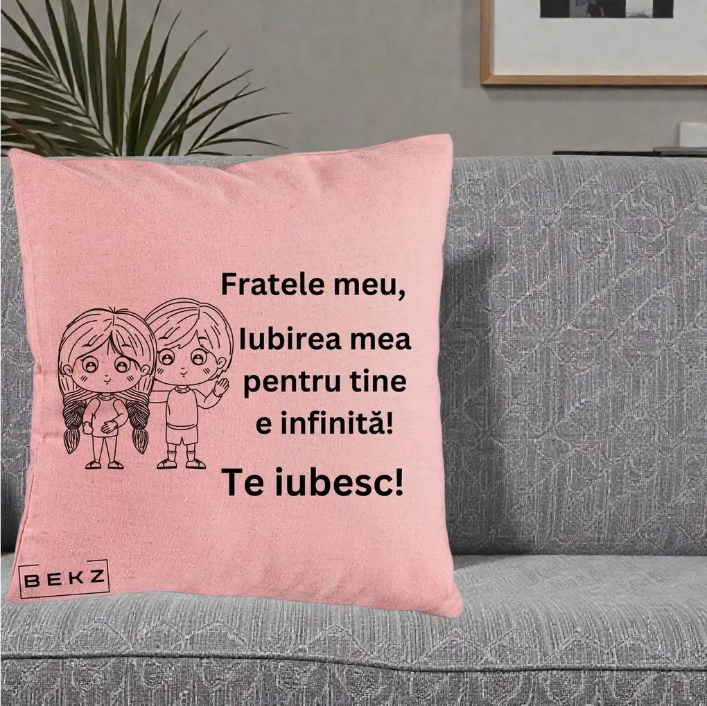 Cadou pentru Frate - Perna Personalizata Fratele Meu Te Iubesc Copii Anime Line Art Negru, 40x40 cm, Roz, Husa Detasabila, Perna Inclusa, BEKZ®