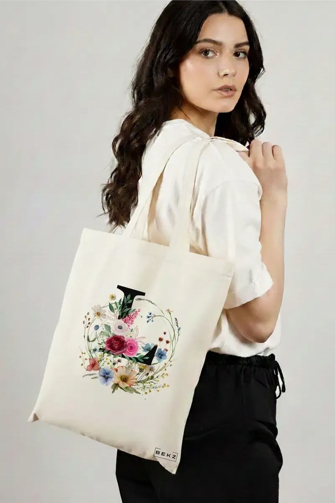 Sacosa de Panza pentru Cumparaturi, Geanta Tote, Cu litera L in Coronita Florala, 38x34.5 cm, Alba, BEKZ®