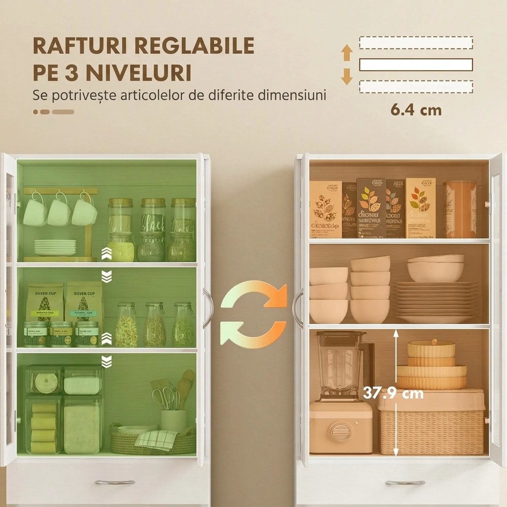 HOMCOM Dulap de Bucătărie Înalt 180 cm cu Uși din Sticlă Soft-Close, Sertar și 2 Dulapuri, Polițe Reglabile, Alb | Aosom Romania