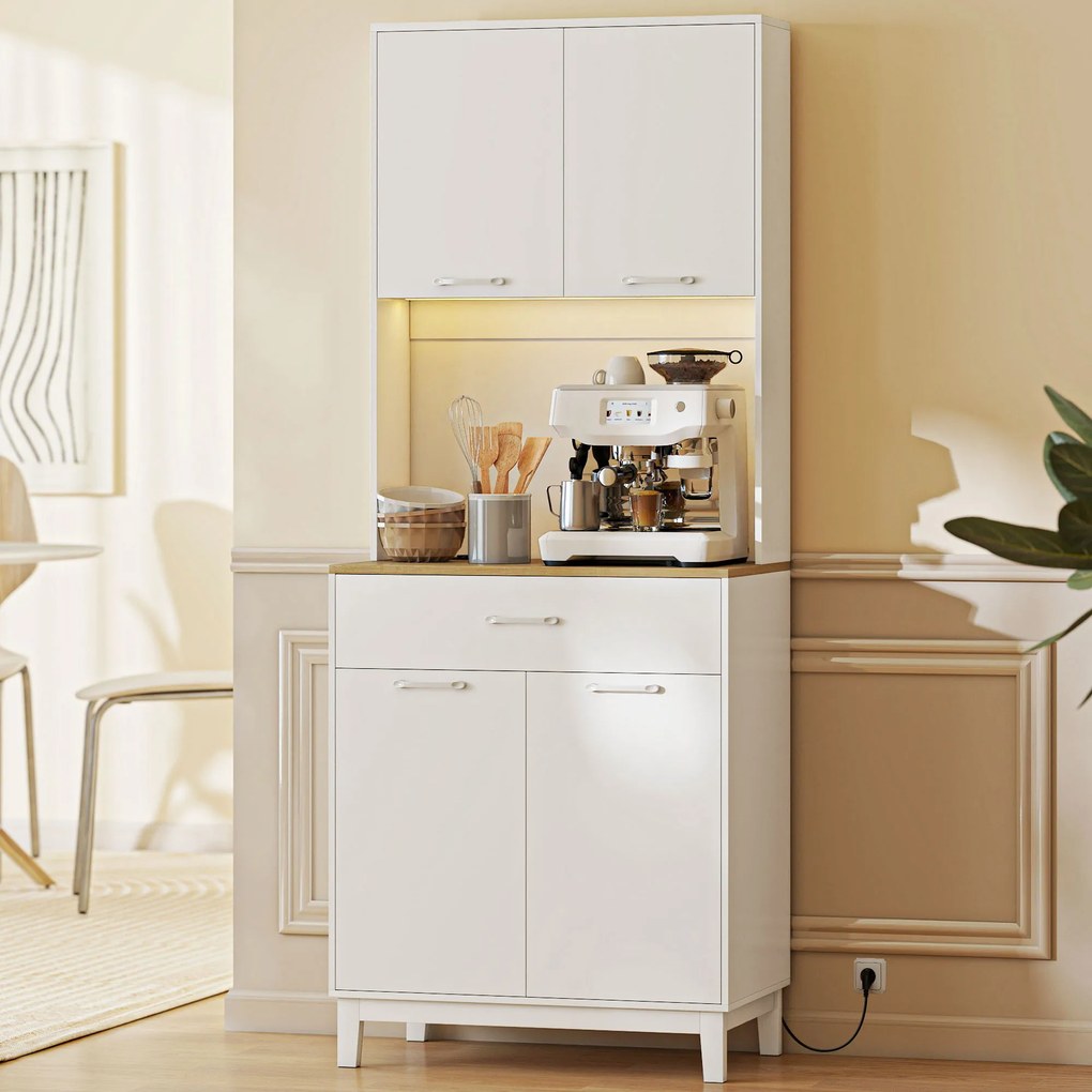 HOMCOM Credență Modernă cu Lumini, Prize USB, 2 Dulapuri și Sertar Alb | Aosom Romania