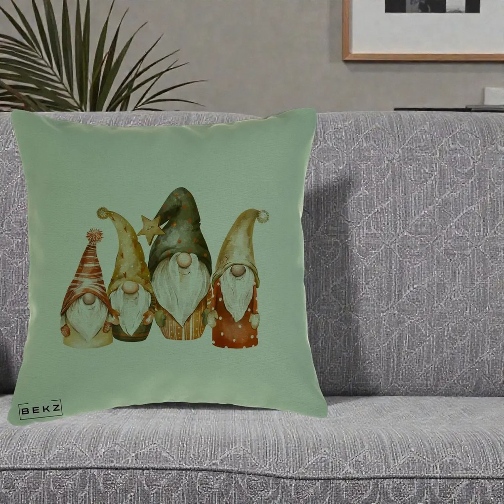 Perna Decorativa Gnomi de Craciun Patru, 40x40 cm, Verde, Husa Detasabila, Perna Inclusa, BEKZ®