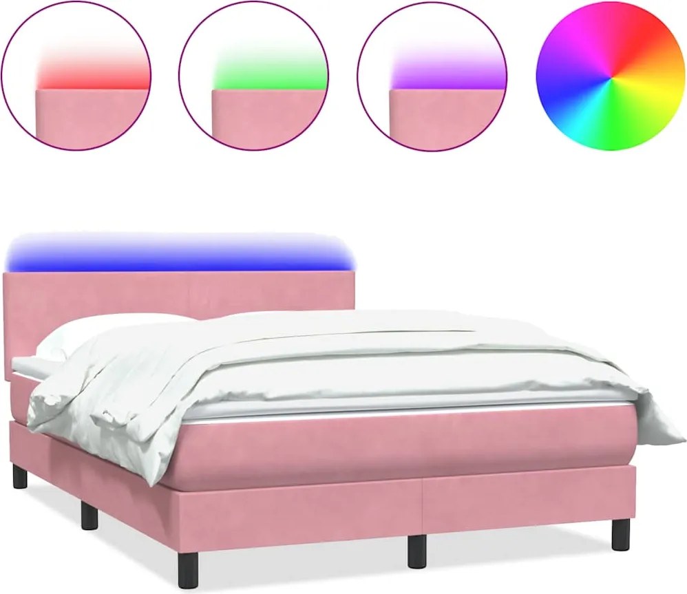 vidaXL Pat cu arcuri cu saltea și LED, roz, 160x220 cm, catifea