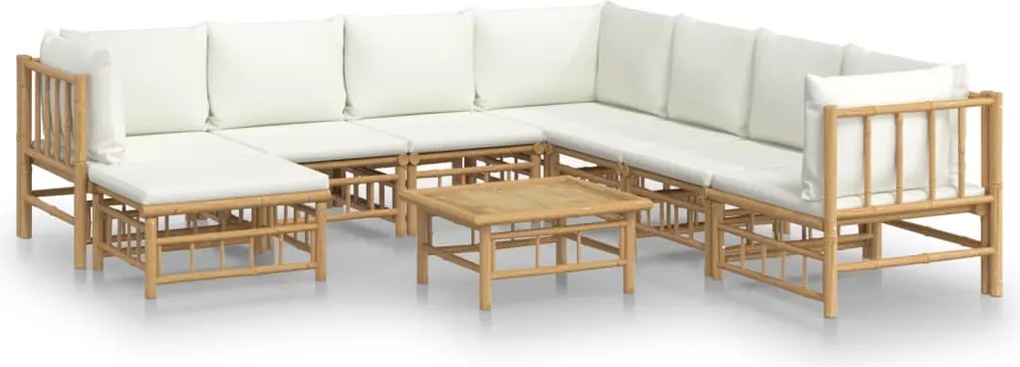 vidaXL Set mobilier de grădină, cu perne alb crem, 9 piese, bambus