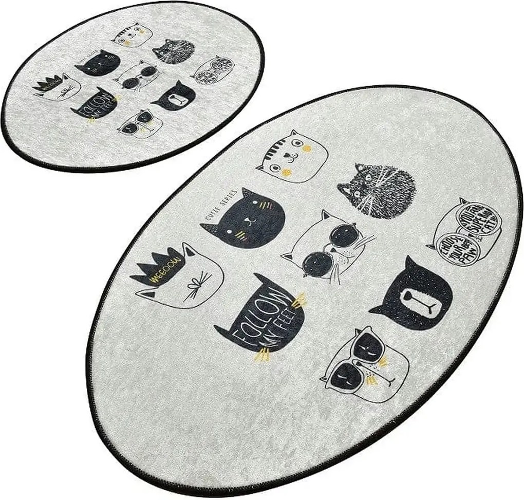 Set 2 covorase baie CUTIE, forma ovala, poliester, gri/negru