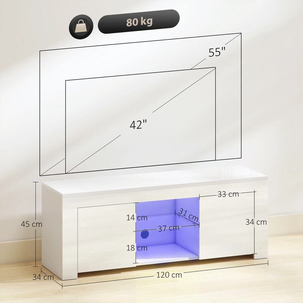 HOMCOM Dulap TV cu iluminare LED, 2 uși, raft din sticlă, orificii pentru cabluri, pentru living, placă aglomerată, Alb | Aosom Romania