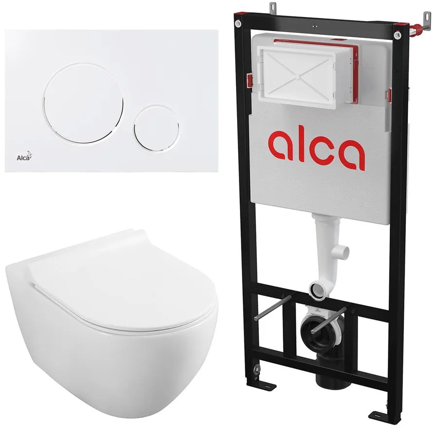 Set rezervor WC cu cadru incastrat Alca AM101/1120 si clapeta M676 alb mat plus vas WC Fluminia Minerva cu capac softclose alb