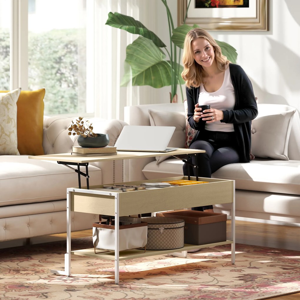 HOMCOM Masă de Cafea Extensibilă cu Închidere Blândă Spațiu Ascuns de Depozitare și Raft Deschis 95x40x59 cm Lemn Natural și Alb | Aosom Romania