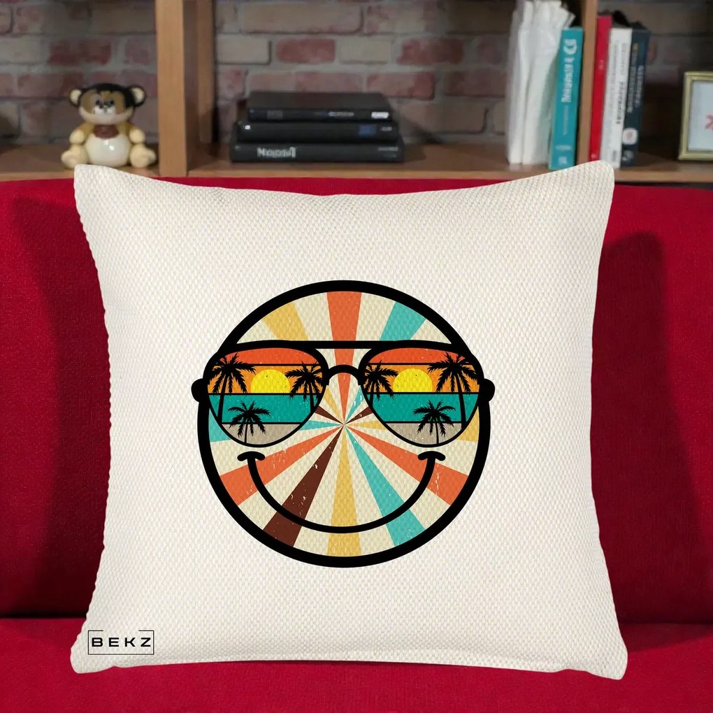 Perna Decorativa Smiley Face Retro Sunset Palmieri, 40x40 cm, Crem Reliefat, Husa Detasabila, Perna Inclusa, BEKZ®