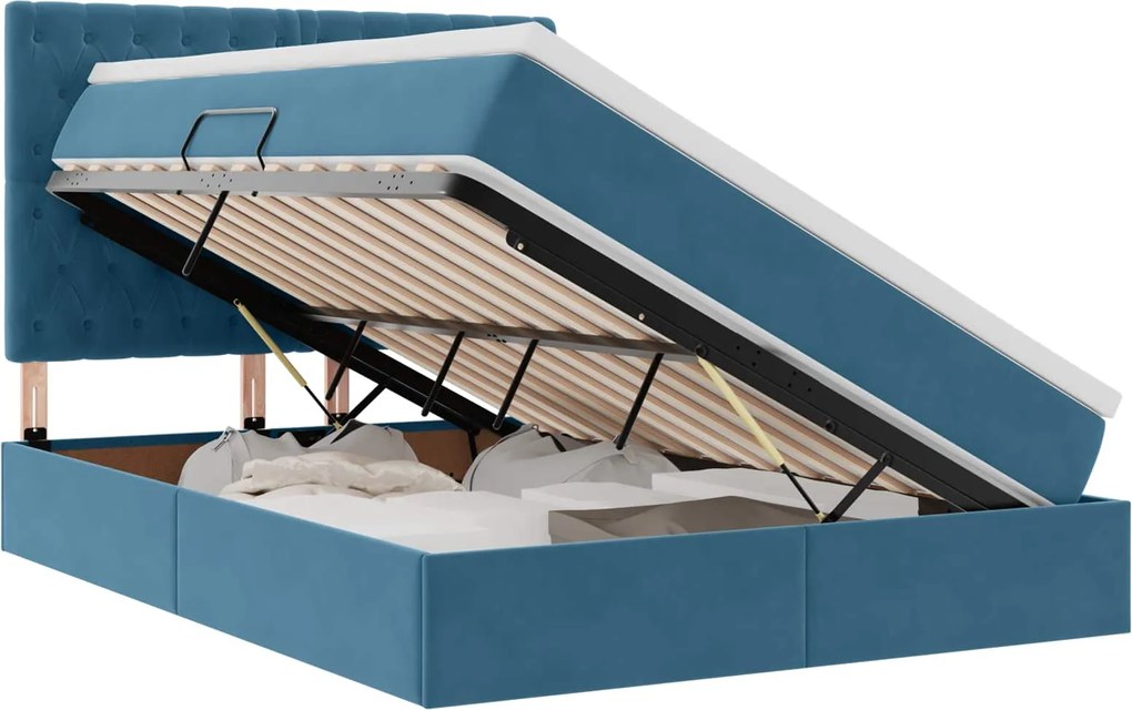 vidaXL Pat cu saltea și LED Albastru închis 140 x 190 cm Catifea
