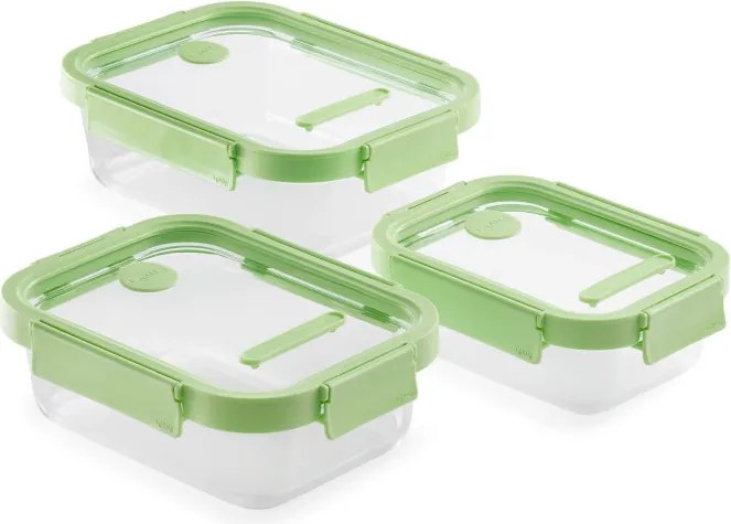 Set 3 caserole cu capace din sticla Lekue 1009492, Accesoriu de marcare, Silicon, -20°C/+100°C, Verde