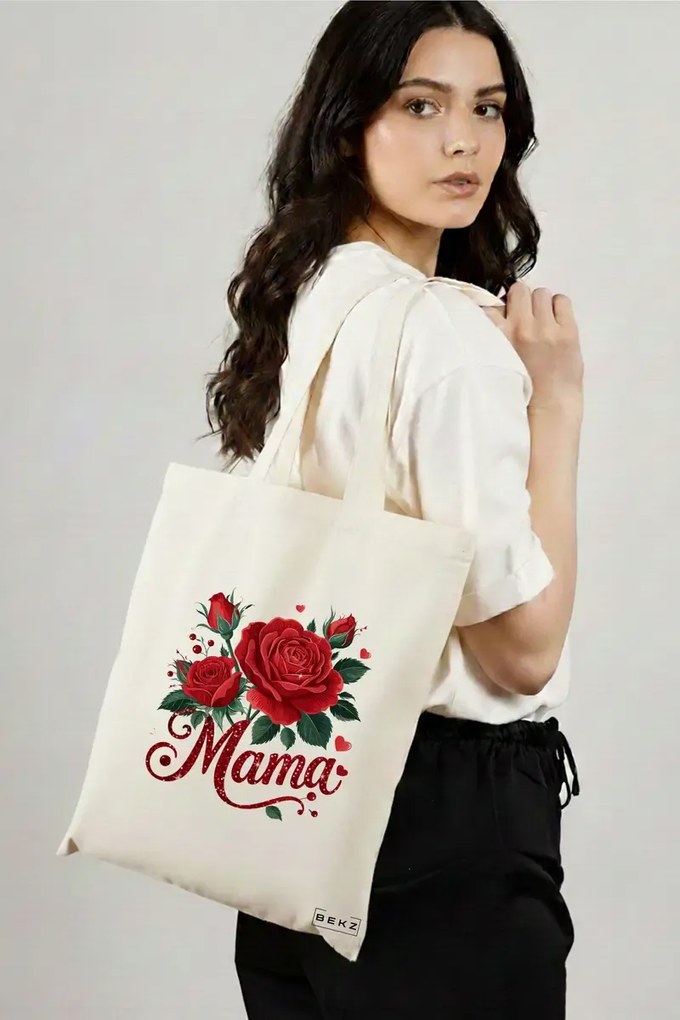 Sacosa de Panza pentru Cumparaturi, Geanta Tote, model Mama Red Roses 38 x 34.5 cm, Alba, BEKZ®
