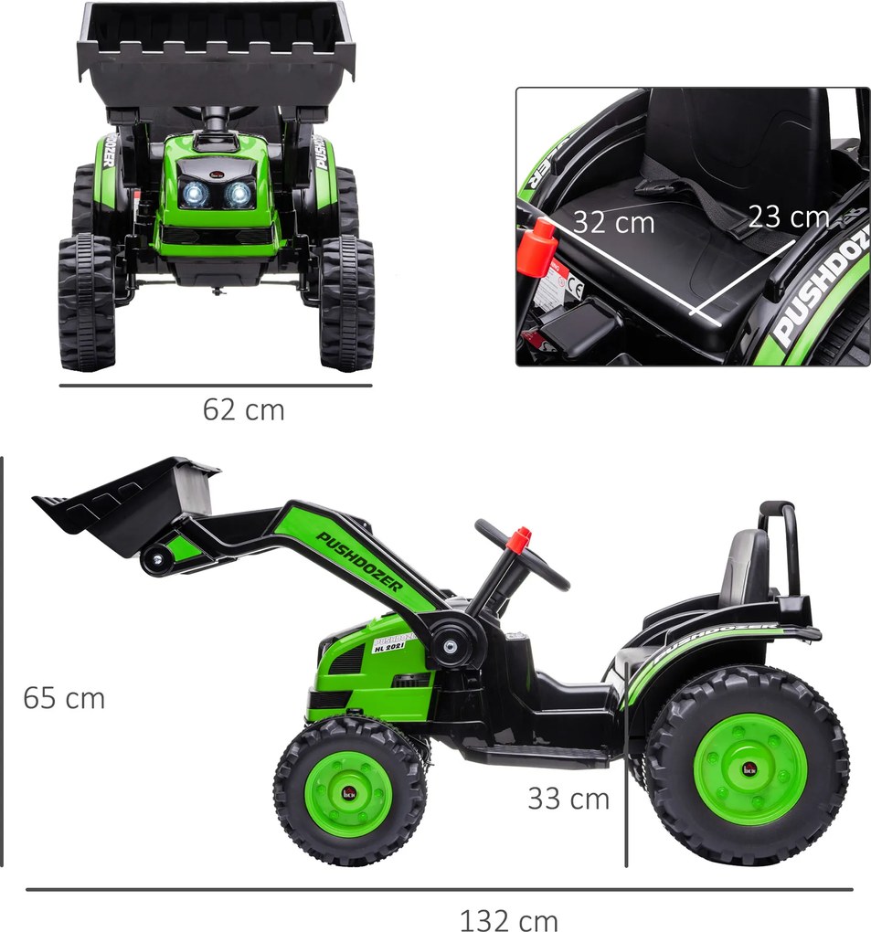 HOMCOM Buldozer Jucarie pentru Copii 3-5 Ani cu Baterie 6V, cu Sunete si Lumini, Viteza 1.5-2.5 km/h, 132x62x65 cm, Verde | Aosom Romania