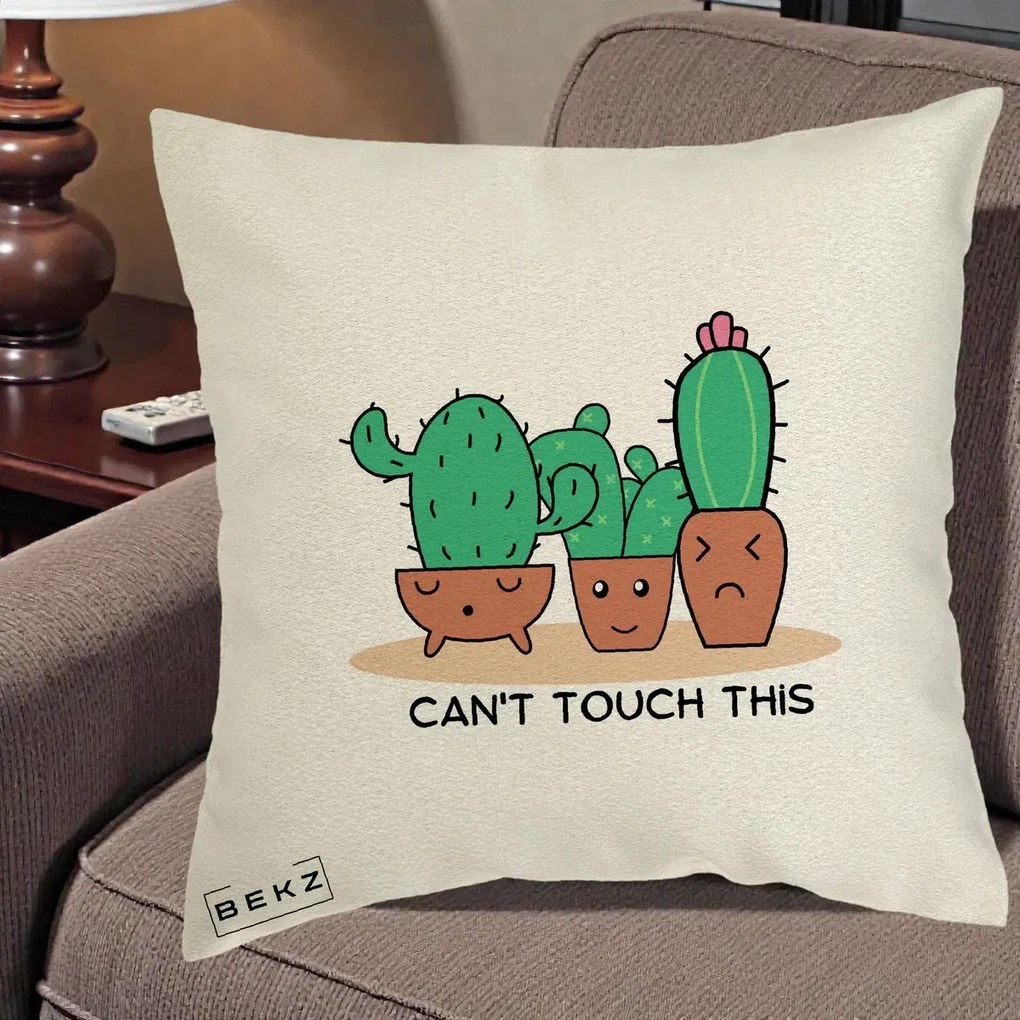 Perna Decorativa Cactus Funny Can't Touch This, 40x40 cm, Ecru, Husa Detasabila, Perna Inclusa, BEKZ®