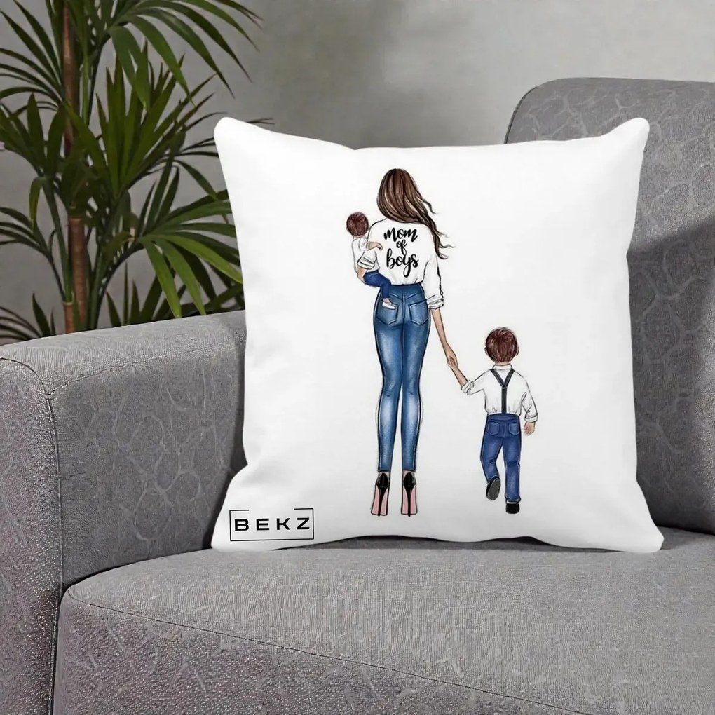 Cadou pentru Mama - Perna Personalizata Mom of Boys Mama cu Baietii, 40x40 cm, Alba Mata, Husa Detasabila, Perna Inclusa, BEKZ®