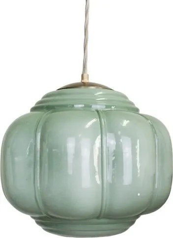 Lampă suspendată din sticlă opal verde și metal, abajur rotunjit în relief, detalii din alamă, finisaj lucios, 26 x 27 cm, „Vincent”