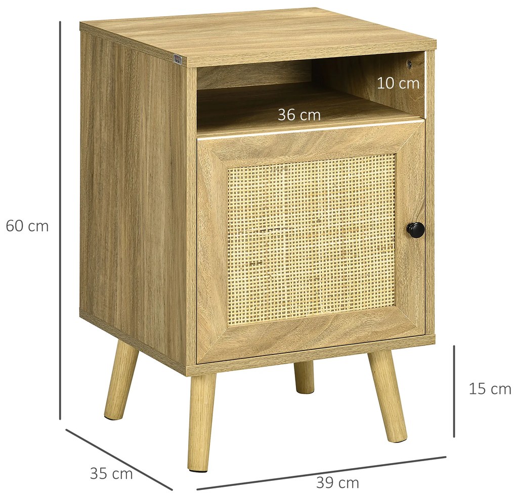 HOMCOM Noptieră cu Ușă de Ratan Masă Auxiliară pentru Dormitor Sufragerie Pat 39x35x60 cm Lemn Natural | Aosom Romania