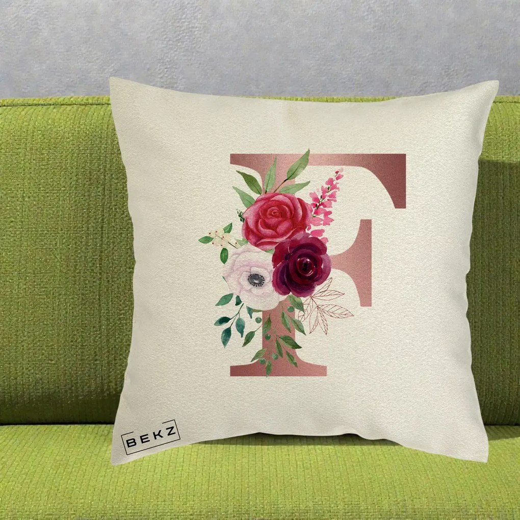 Cadou Personalizat - Perna Personalizata Monograma Rose Gold Litera F, 40x40 cm, Ecru, Husa Detasabila, Perna Inclusa, BEKZ®