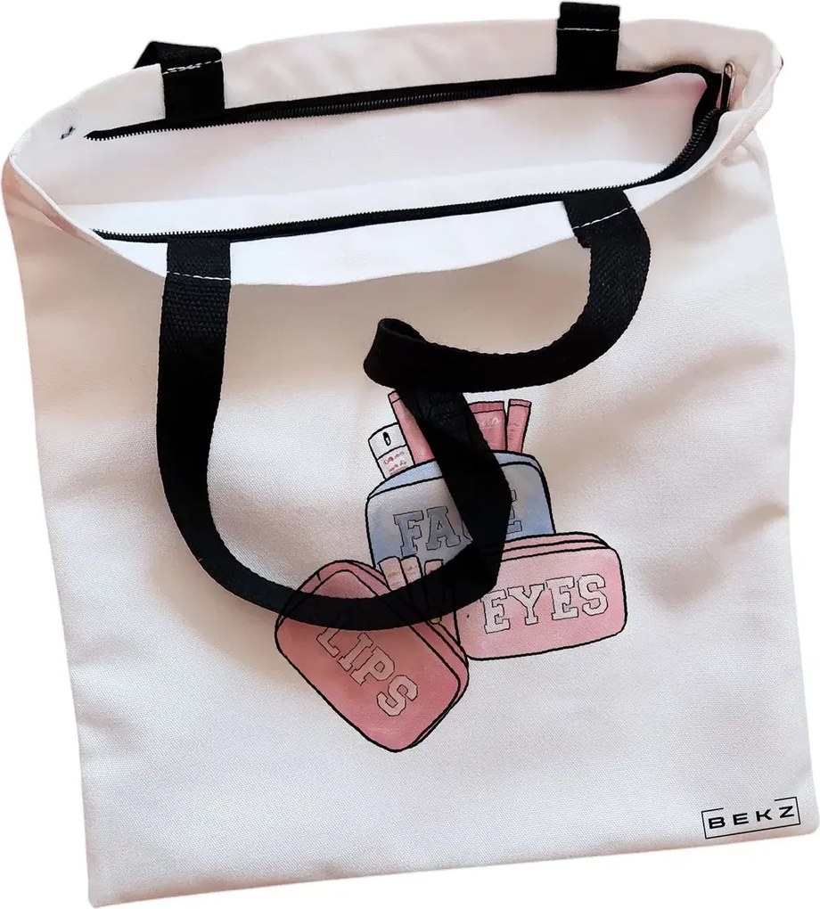 Sacosa de Panza pentru Cumparaturi, Geanta Tote, Travel Girl 11, Cu fermoar, 38x34.5 cm, Alba, BEKZ®