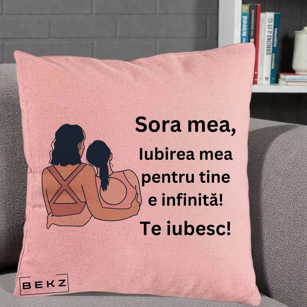 Cadou pentru Sora - Perna Personalizata Sora Mea Te Iubesc Doua Fete Fashioniste Line Art, 40x40 cm, Roz, Husa Detasabila, Perna Inclusa, BEKZ®