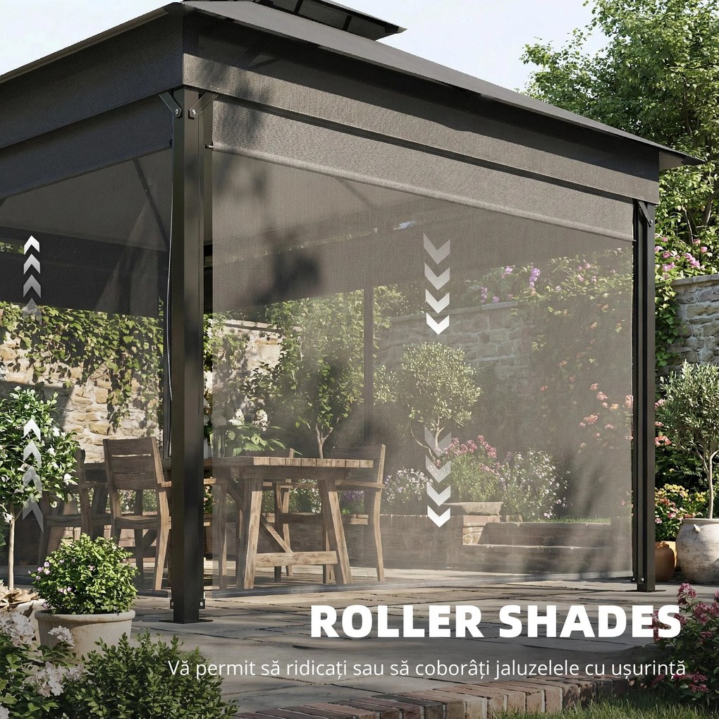 Outsunny Foișor de Grădină 4x3 m cu Perdele Laterale Rulante, Foișor Exterior cu 8 Orificii de Drenaj, Acoperiș Dublu și Structură Metalică, pentru Grădină, Balcon, Petreceri, Curte, Terasă, Gri Închis | Aosom Romania