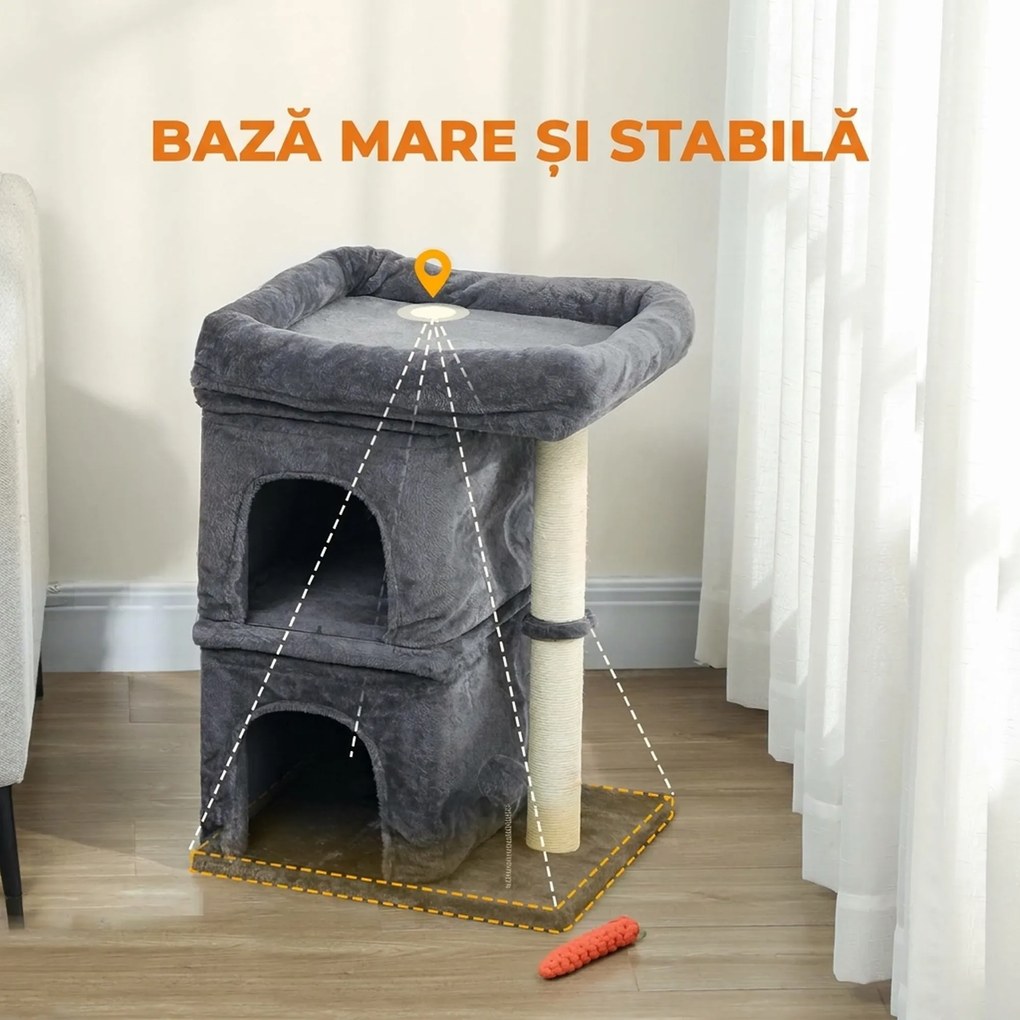 PawHut Ansamblu de joacă pentru pisici de până la 7 kg cu 2 căsuțe, pat și stâlp de sisal, 66cm, Gri | Aosom Romania