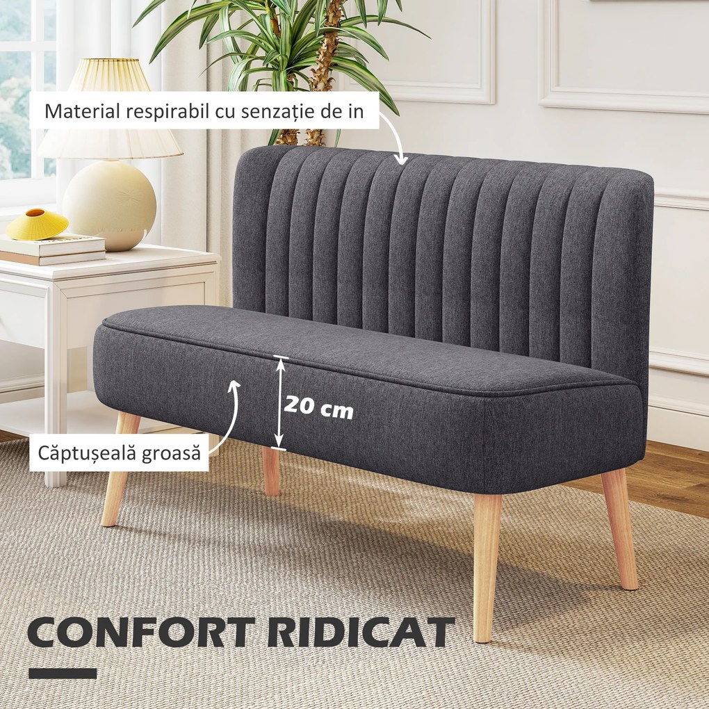 HOMCOM Canapea 2 Locuri din Material Textil fără Brațe cu Cusături, Canapea Compactă Modernă cu Picioare din Lemn de Cauciuc pentru Living, 117x56.5x77 cm, Gri Închis | Aosom Romania