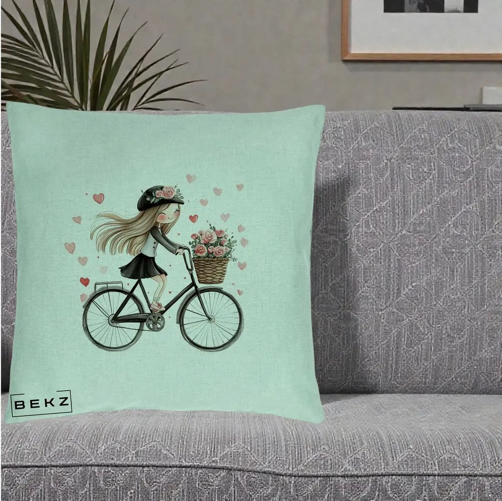 Perna Decorativa Fetita Kawaii pe Bicicleta cu Trandafiri si Inimioare, 40x40 cm, Verde Menta, Husa Detasabila, Perna Inclusa, BEKZ®