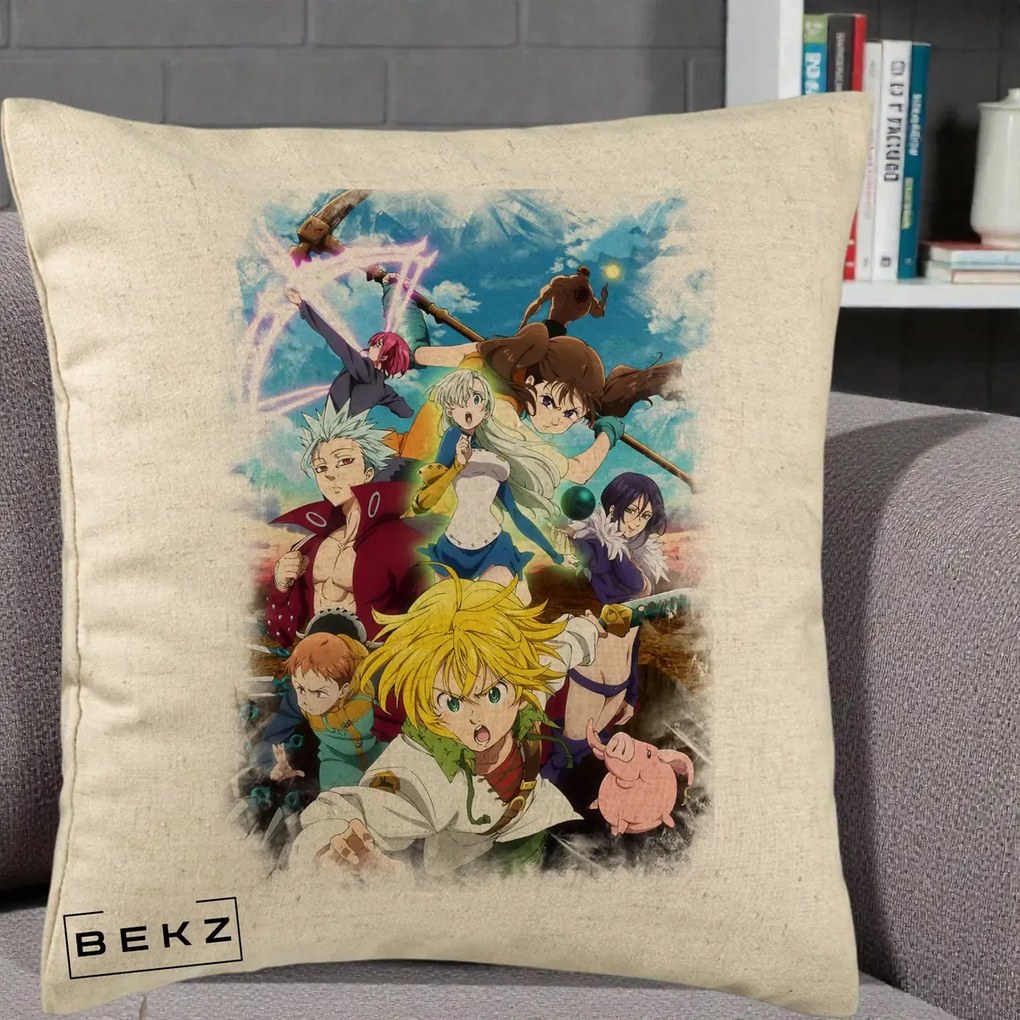 Perna Personalizata Nanatsu no Taizai Cele Sapte Pacate Mortale Anime, 40x40 cm, Bej, Husa Detasabila, Perna Inclusa, BEKZ®