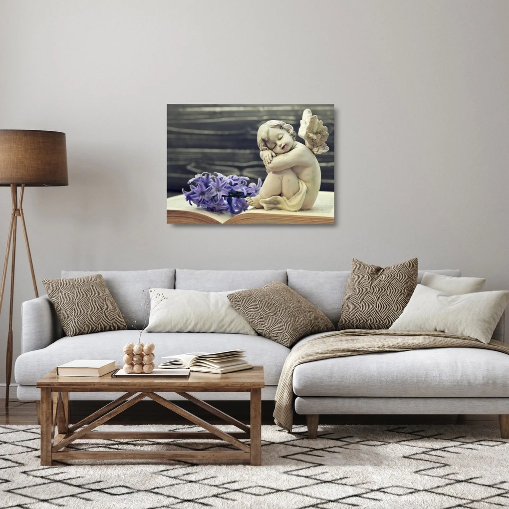 Tablou pe sticlă - Înger cu floare (70x50 cm)