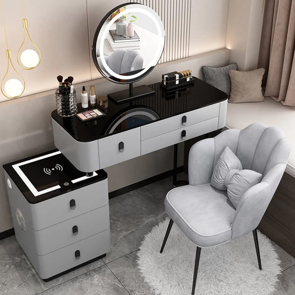 RESIGILAT-Set Margot, Masă de toaletă pentru machiaj cu oglindă iluminată LED, control touch, 6 sertare, comoda, scaun, Difuzor Bluetooth, zona încărcare fără fir, Gri