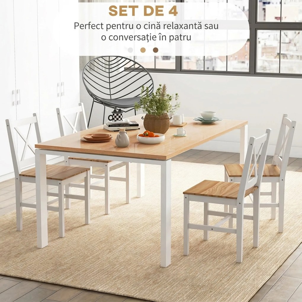 HOMCOM Set 4 Scaune cu Spătar Transversal, Scaune Clasice din Lemn de Pin, 41x46.5x87 cm, Alb | Aosom Romania