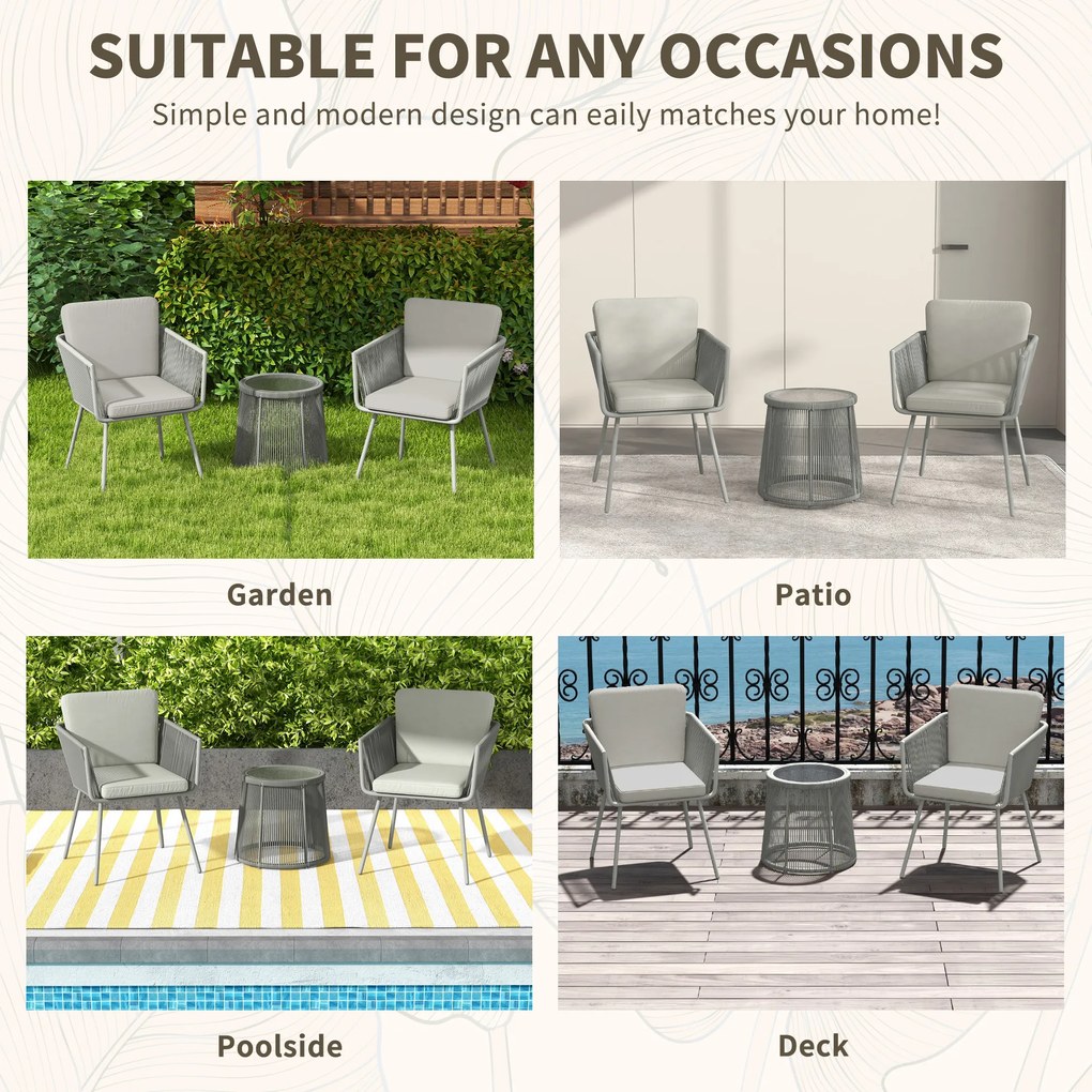 Outsunny Set Mobilier de Grădina cu 2 Scaune și Măsuță de Cafea cu Blat din Sticlă, Ø49x47 cm, Gri | Aosom Romania