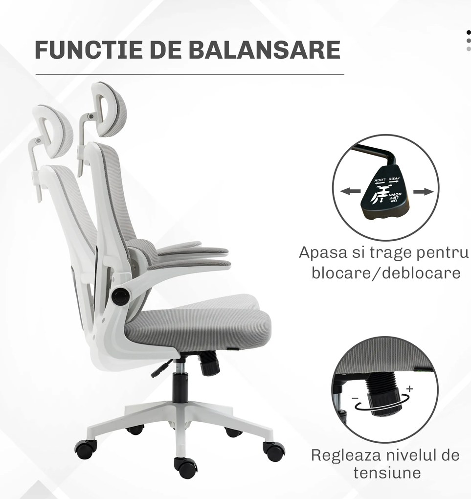 Vinsetto Scaun Ergonomic de Birou, Tetieră Reglabilă, Suport Lombar, 70x66x120-128 cm, Gri | Aosom Romania