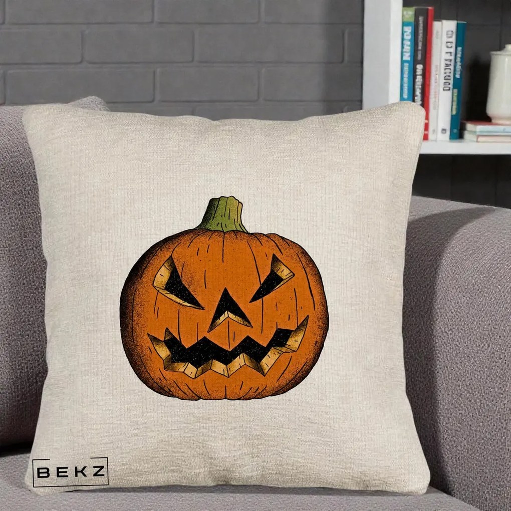 Perna Decorativa Halloween Dovleac Portocaliu Clasic, 40x40 cm, Bej Canapea, Husa Detasabila, Perna Inclusa, BEKZ®